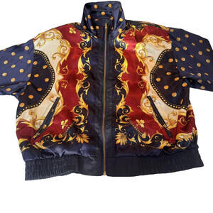 Gallery Women’s Baroque Bomber Jacket Red Navy Gold Satan Print Zip Front size M
